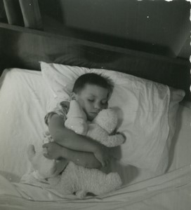 Belgium Young Boy Asleep hugging soft toys Old Small Snapshot Photo 1964 #1