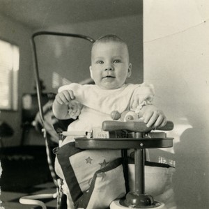 Belgium Baby with Toy Push chair Old Small Snapshot Photo 1964