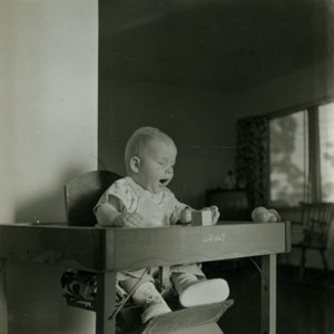 Belgium Baby with Toy High Chair Old Small Snapshot Photo 1964