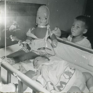 Belgium Baby in Cot with Toy Doll Old Small Snapshot Photo 1964