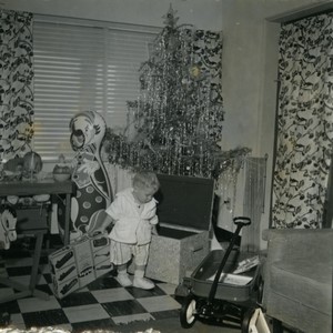 Belgium Toddler with Toys Christmas Tree Old Small Snapshot Photo 1964