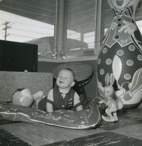 Belgium Happy Baby with Toys Old Small Snapshot Photo 1964