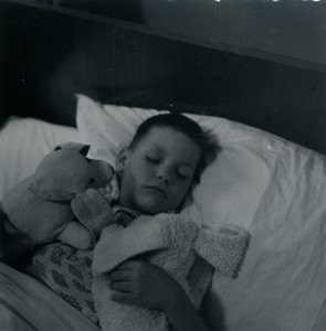 Belgium Young Boy Asleep hugging soft toys Old Small Snapshot Photo 1964 #2