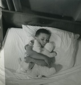 Belgium Young Boy Asleep hugging soft toys Old Small Snapshot Photo 1964 #3