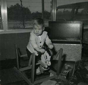 Belgium Toddler riding Toy Horse Old Small Snapshot Photo 1964