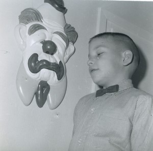 Belgium Young Boy & Clown Mask Old Small Snapshot Photo 1964