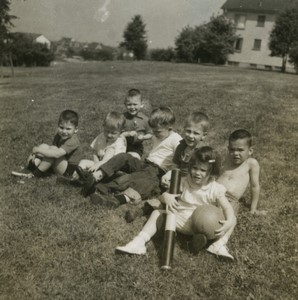 Belgium Children group sat in Field Old Small Snapshot Photo 1964