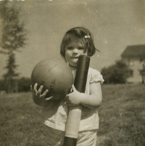 Belgium Toddler Girl holding Ball and tube Old Small Snapshot Photo 1964