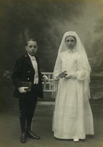 France Tourcoing First Communion Boy & Girl Old Cabinet Photo Baert 1900