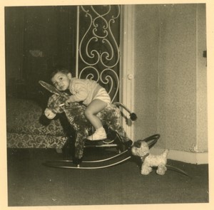 France child on a rocking donkey toy Old amateur Photo 1950 #1