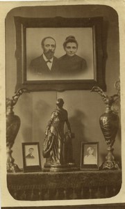 France family photos, statue and vases on mantelpiece? Old Photo 1930