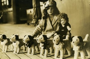 France Young Girl with toy dogs and doll Old Photo 1950