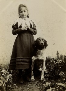 France Chartres Girl and her dog posing in Garden Old amateur Photo 1920