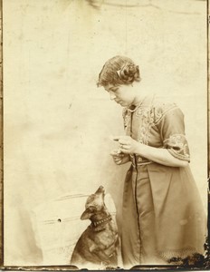 France Lady giving a treat to her dog Old amateur Photo 1910