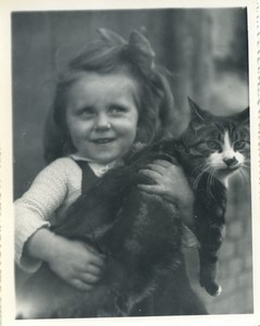 France little girl with her big cat Old Photo 1940