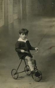 France 3 year old young boy riding tricycle Old Real Photo Postcard RPPC 1922