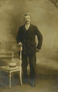 France Paris Man posing by Chair & Hat Old Real Photo Postcard RPPC 1920