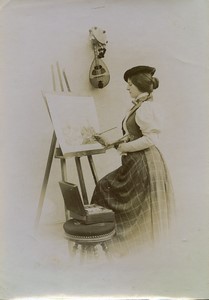 France Arts Femme peintre au travail Chevalet Mandoline ancienne Photo 1890 #1
