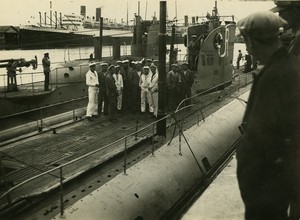 France Submarine and crew in Harbor Old Photo 1939