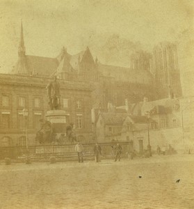 France Reims Louis XV square & Cathedral Old Half-Stereo Photo Valecke 1865