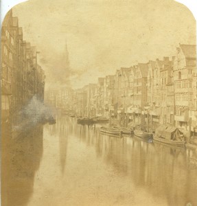 Germany Hamburg a canal & St Katharinen church Old Half-Stereo Photo Gaudin 1865