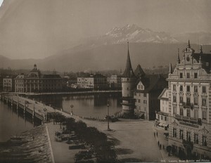 Switzerland Lucerne new bridge & Mount Pilatus Old Photo Schroeder 1890