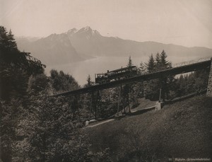 Switzerland Rigi Railway Train on bridge Old Photo Schroeder 1890