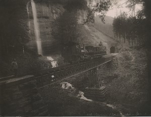 Switzerland Rigi Railway Train on bridge Waterfall Old Photo Schroeder 1890