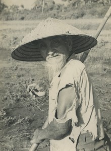 Indochina old bearded man farmer wearing hat old photo 1950