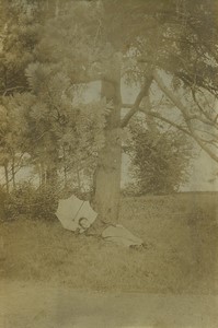 France Woman lying under a Tree Umbrella Old Snapshot Photo 1890