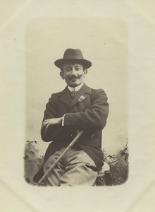 France Portrait Homme Souriant Belle Moustache Chapeau et Canne Ancienne Photo amateur 1912