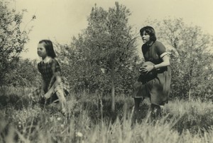 France Girls Playing Ball Game in Orchard? Old snapshot Photo 1950