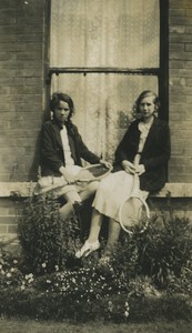 UK? 2 girls on Window ledge holding Tennis rackets Old snapshot Photo 1950
