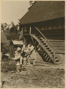 France Farming Women at a well Milk Churns Wooden Barn Old Photo 1935