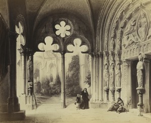 Germany Painting Beggars at door of Abbey Monastery Church Old Studio Photo 1880
