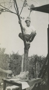 France Silly Funny man standing on tree Old Snapshot Photo 1935