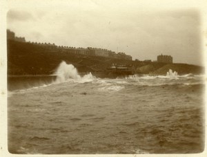 North Yorkshire Scarborough Rough Sea Waves Beach Holiday old Amateur Photo 1900