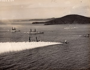 Military Aviation Seaplane laying Smoke Screen around Battleship Old Photo 1924