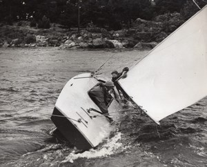 USA? Sailing Sailboat Crewmen Battling Strong Current Old Photo 1950