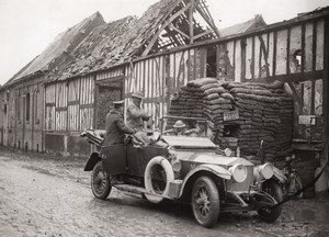 WWI Western Front British Staff Car in Strafed Village Old Photo 1914-1918