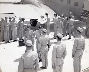 US Army Officers Ceremony at Airfield Airplane Pith Helmets old Photo 1950's