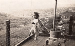 USA? Toddler Child Quadricycle Toy on Balcony old Snapshot Photo 1930's