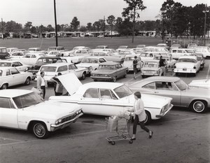 US Air Force Base Supermarket Parking Lot Automobiles Old Photo 1967