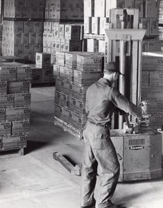 US Air Force Base Supermarket Warehouse Campbells Pallet Forklift Old Photo 1965