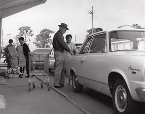 US Air Force Base Military Parking Lot Automobiles Shopping Old Photo 1967