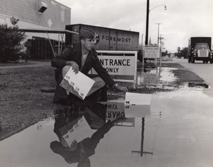 USA Soldier checking Flood depth Commissary sign old US Air Force Photo 1964