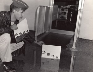USA Soldier checking Flood depth near a Door old US Air Force Photo 1964