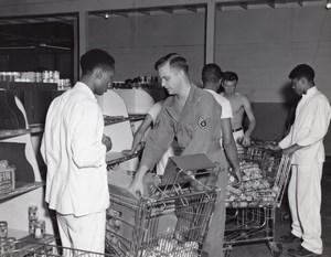 Orlando AFB US Air Force Base Supermarket Stocking Shelves Old Photo 1960's