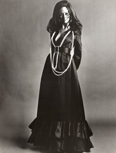 1960's Women Fashion Kasper of Joan Leslie Black Satin Evening Gown Pearls Photo