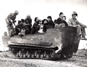 WWII Japan US Marine Corps Okinawa Refugees Amphibious Vehicle old Photo 1944